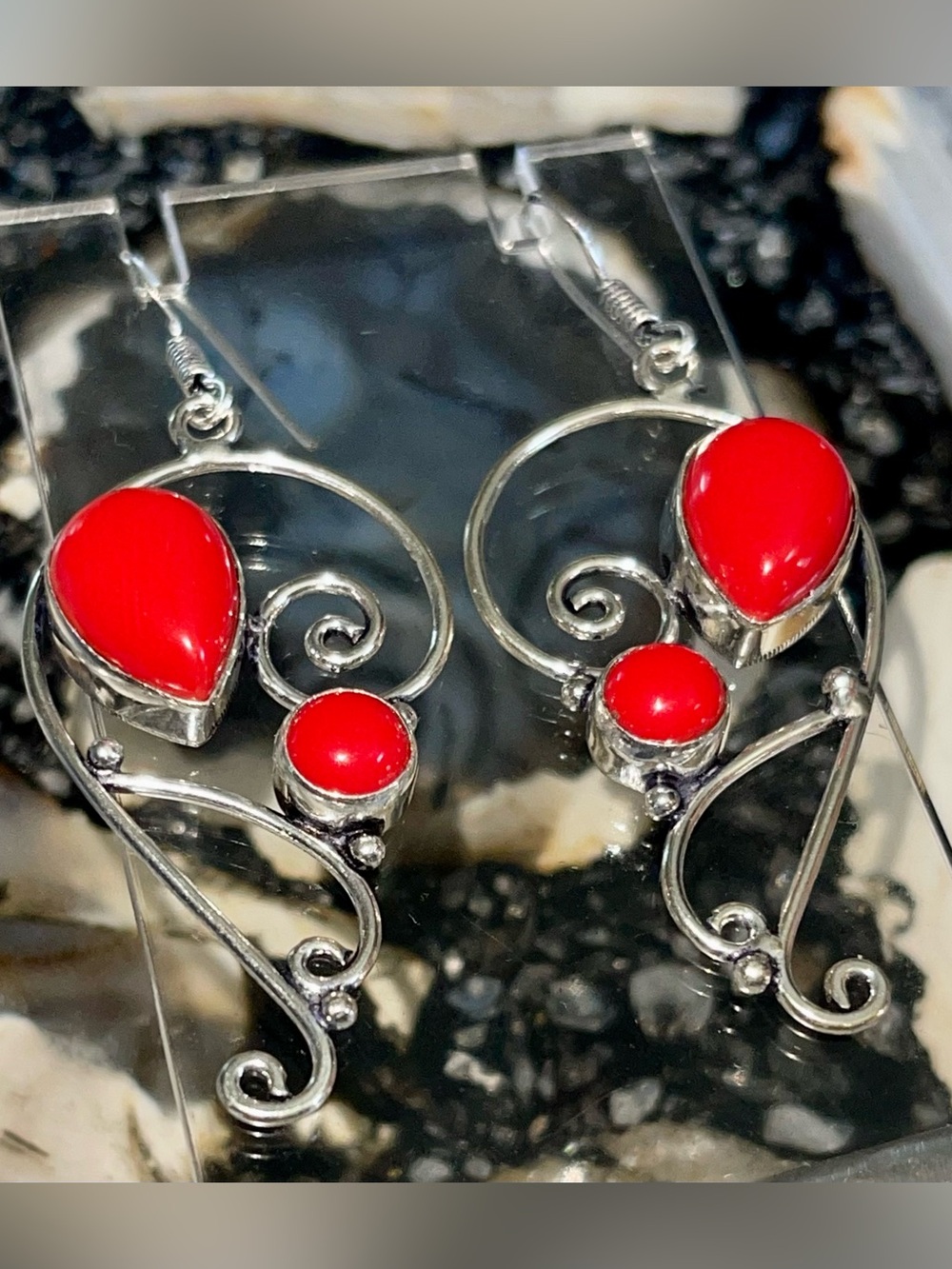 Bohemian Dangle Heart-N-Half Red Coral Earrings 2 1/2”